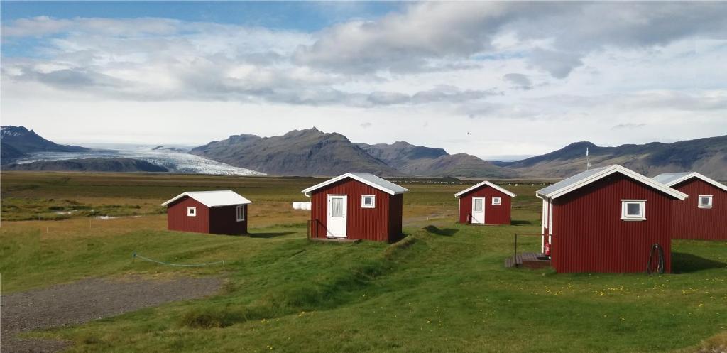 霍芬Lambhus Glacier View Cabins的一群在山地的红色房屋