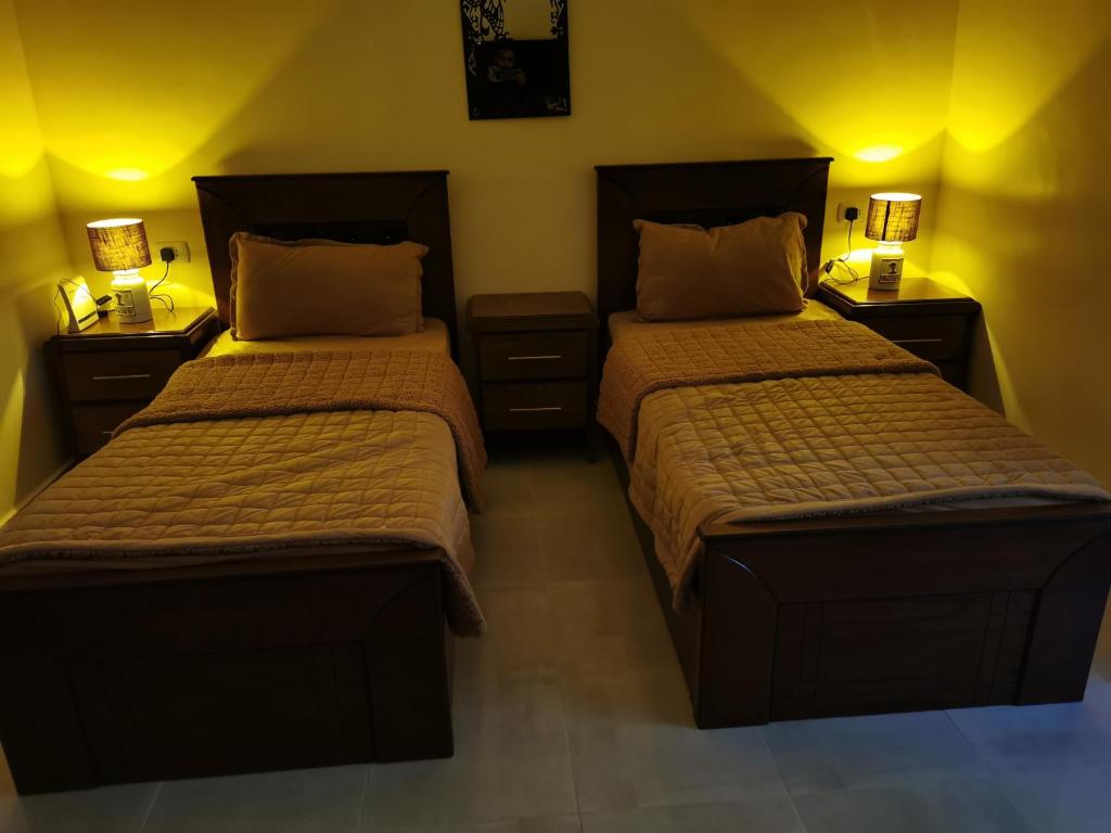 瓦迪穆萨Petra 555的一间卧室设有两张床和两个床头柜