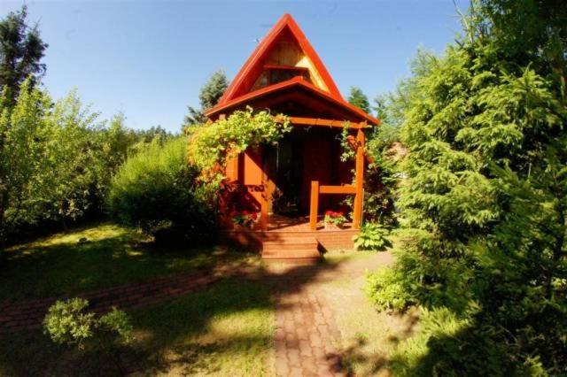 StudzieniceDom nad jeziorem的一间位于田野的红色屋顶的小小屋