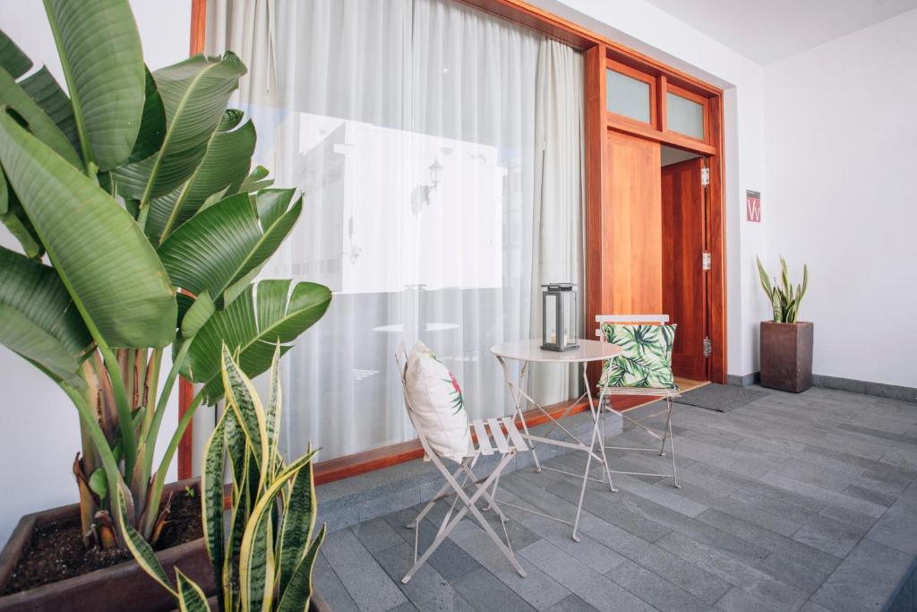 加拉奇科Garachico Homes - LA CASA DE LINA的客房设有桌椅和窗户。