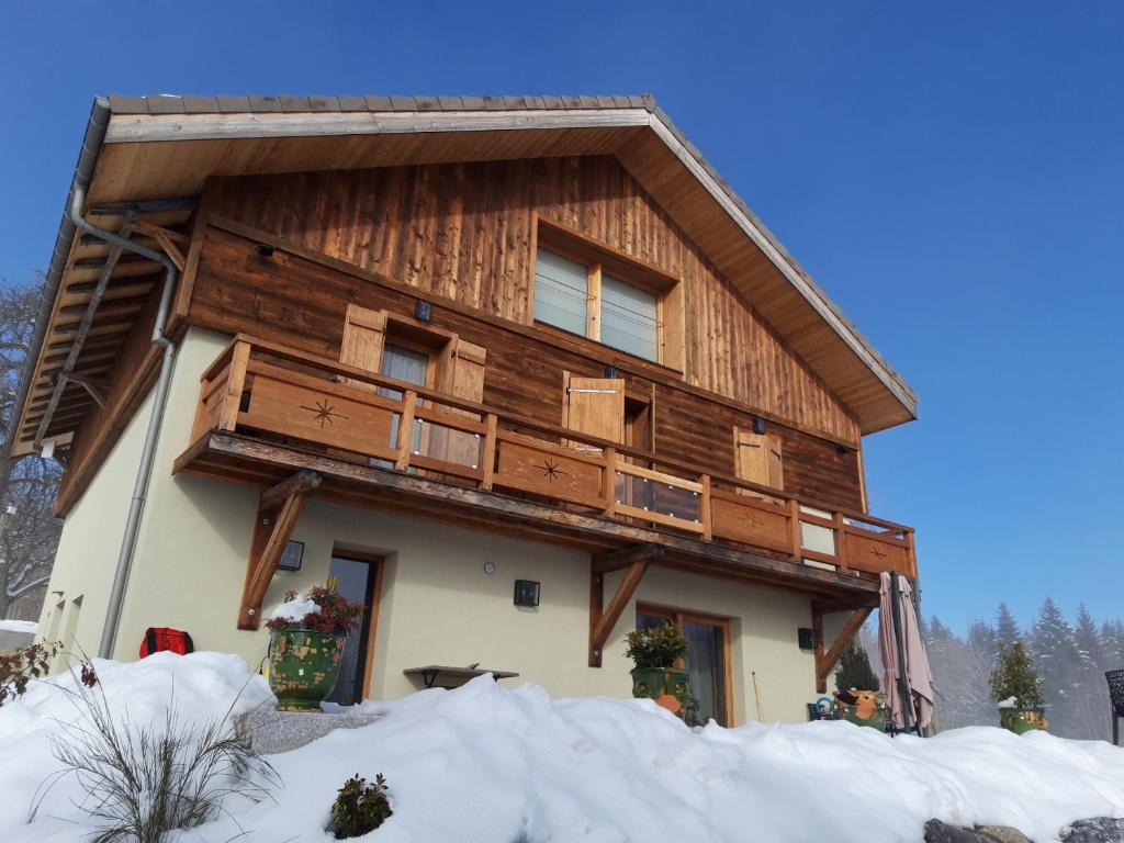 Viuz-en-SallazLes Chalets de Ludran的雪地中木板屋