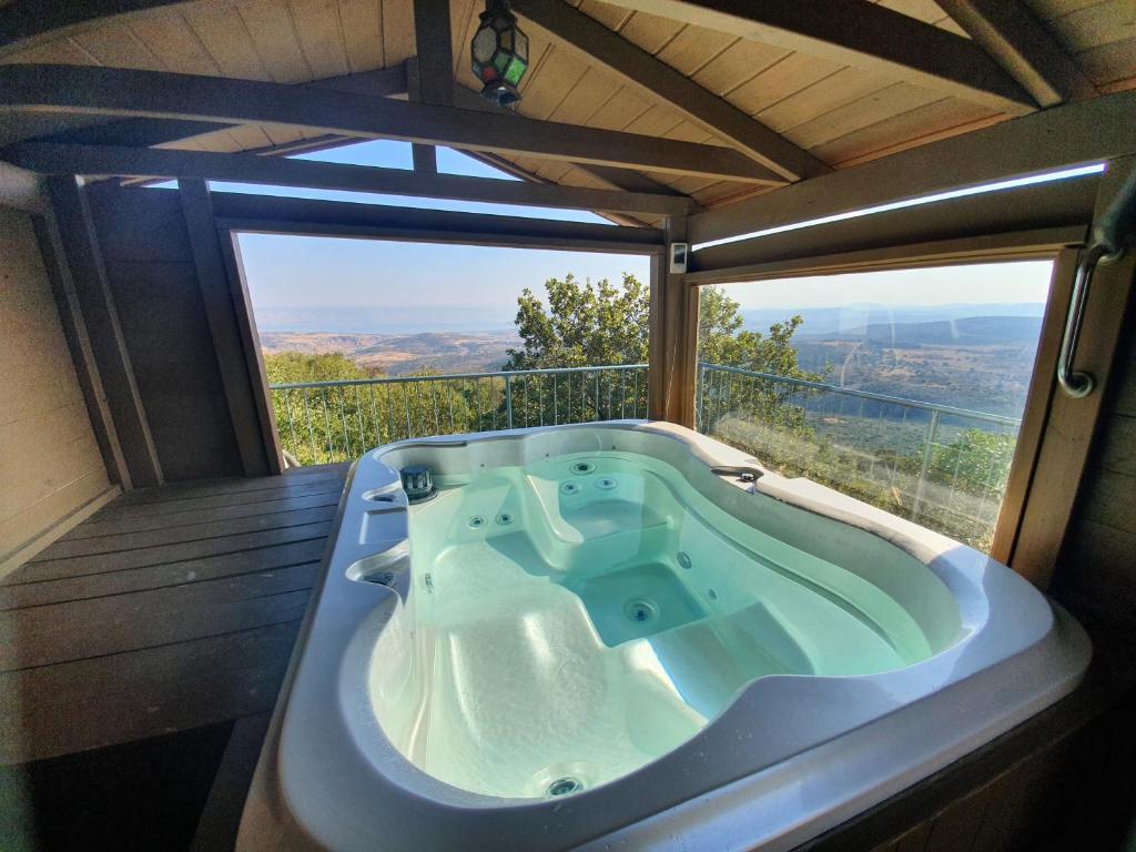 埃米瑞姆Switzerland In Amirim的享有美景的客房内设有浴缸。