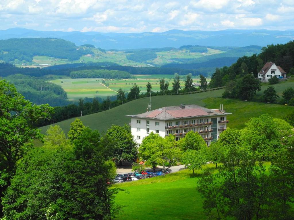 洛伊费尔芬根拉姆萨奇巴德酒店的一座位于山丘上的绿色田野建筑