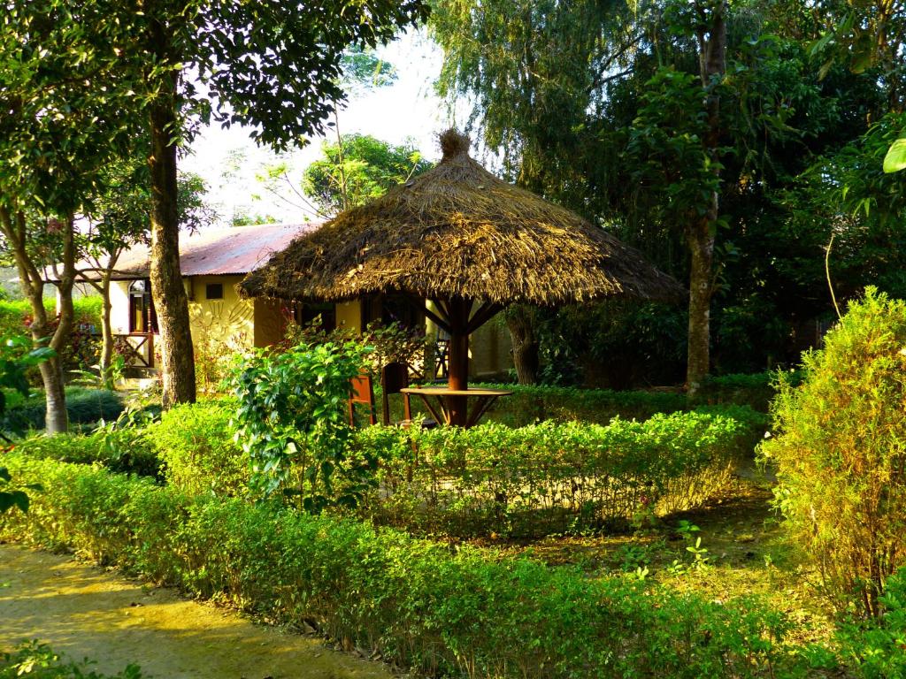 BhurkīāNature Safari Resort的一个带草伞和桌子的小屋