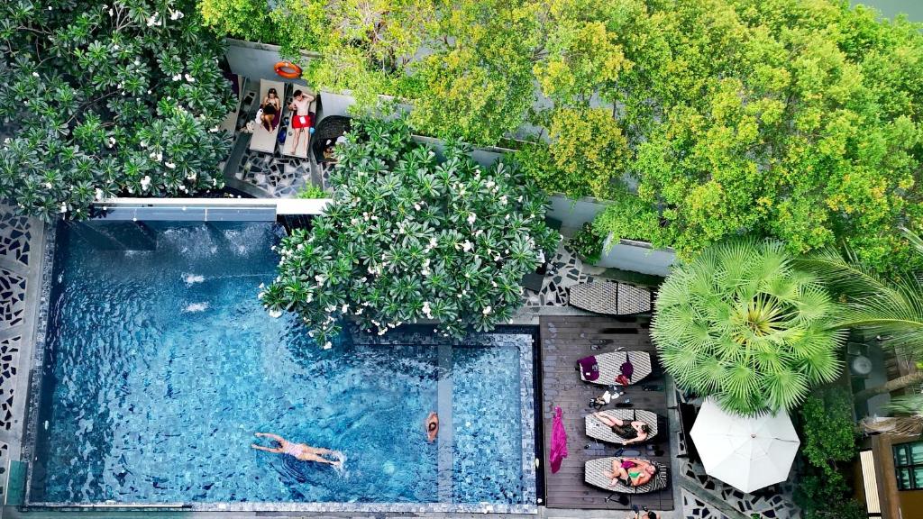 芭东海滩Mazi Design Hotel by Kalima - SHA Plus的游泳池的顶部景色,游泳池里有人游泳