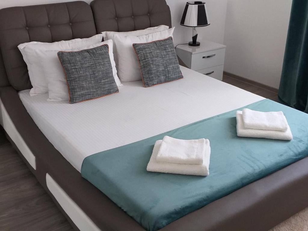 坎普朗莫道尼斯Luxury-Apartment Ultracentral的一张大床,配有两个枕头
