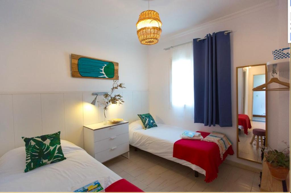 埃尔帕尔马尼科冲浪旅馆的一间卧室配有两张床和镜子