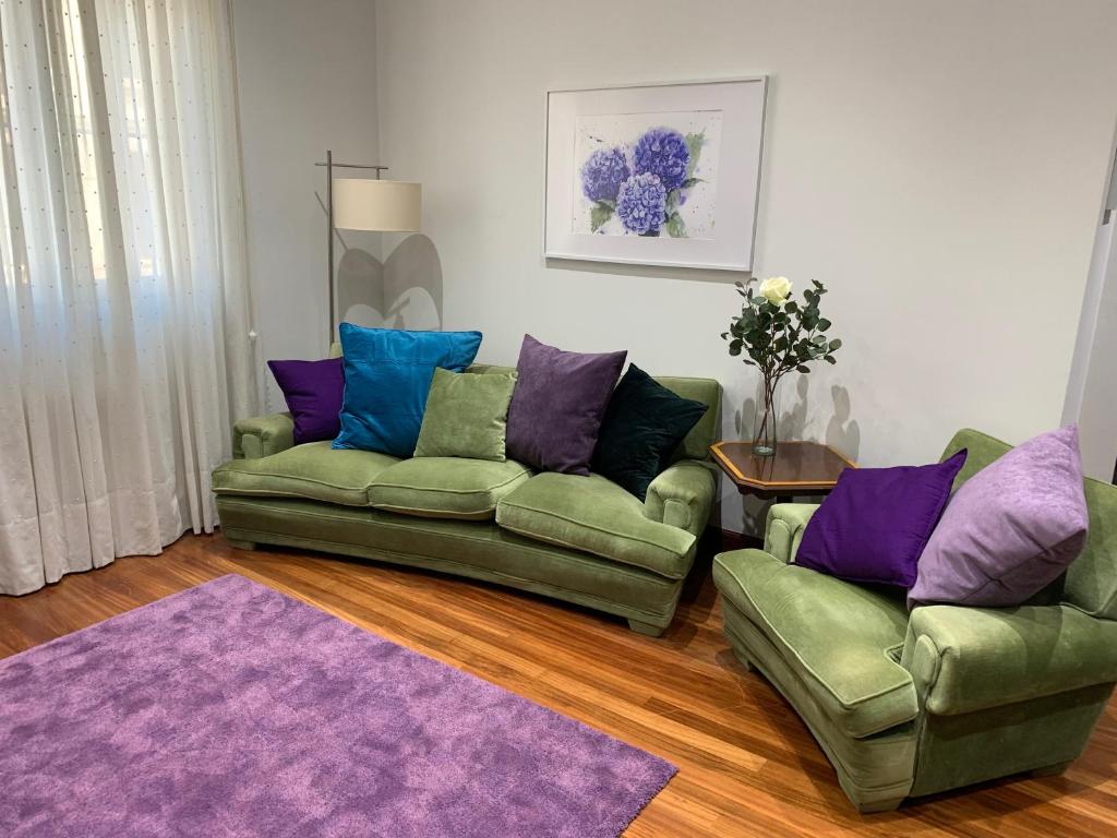 毕尔巴鄂En pleno centro de Bilbao y muy cerca del GUGGENHEIM的客厅配有两张绿色沙发和紫色地毯