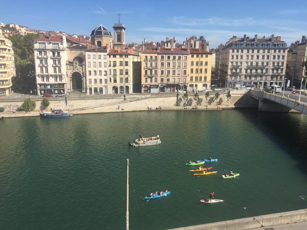 里昂La "Pépite" Du Vieux Lyon的城市河流中的一群船