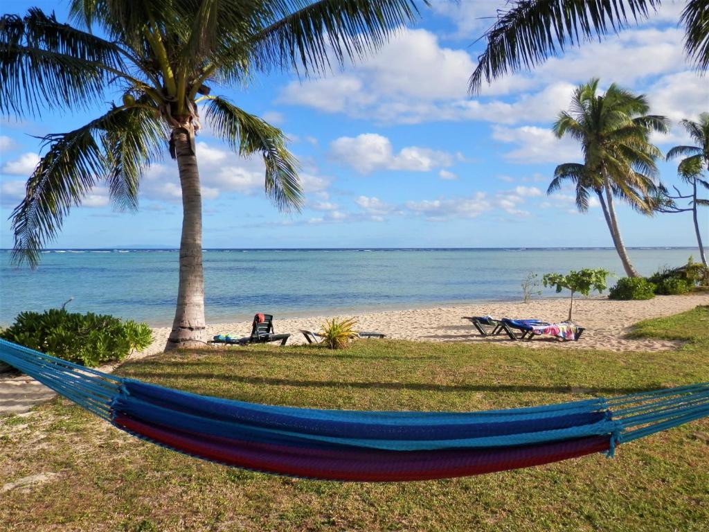 萨武萨武Sigasiga Sands Boutique Bungalows的棕榈树海滩上的蓝色吊床
