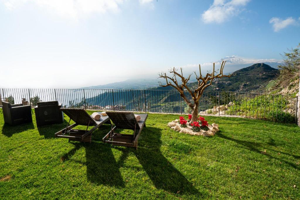陶尔米纳Taormina Rooms Panoramic Apartments的坐在树荫庭院里的一对椅子
