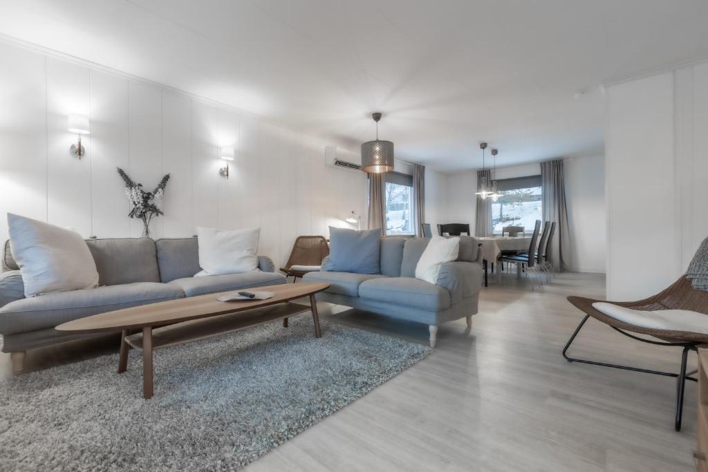HafsloSagi 3 Exclusive Private Apartment的客厅配有两张沙发和一张咖啡桌