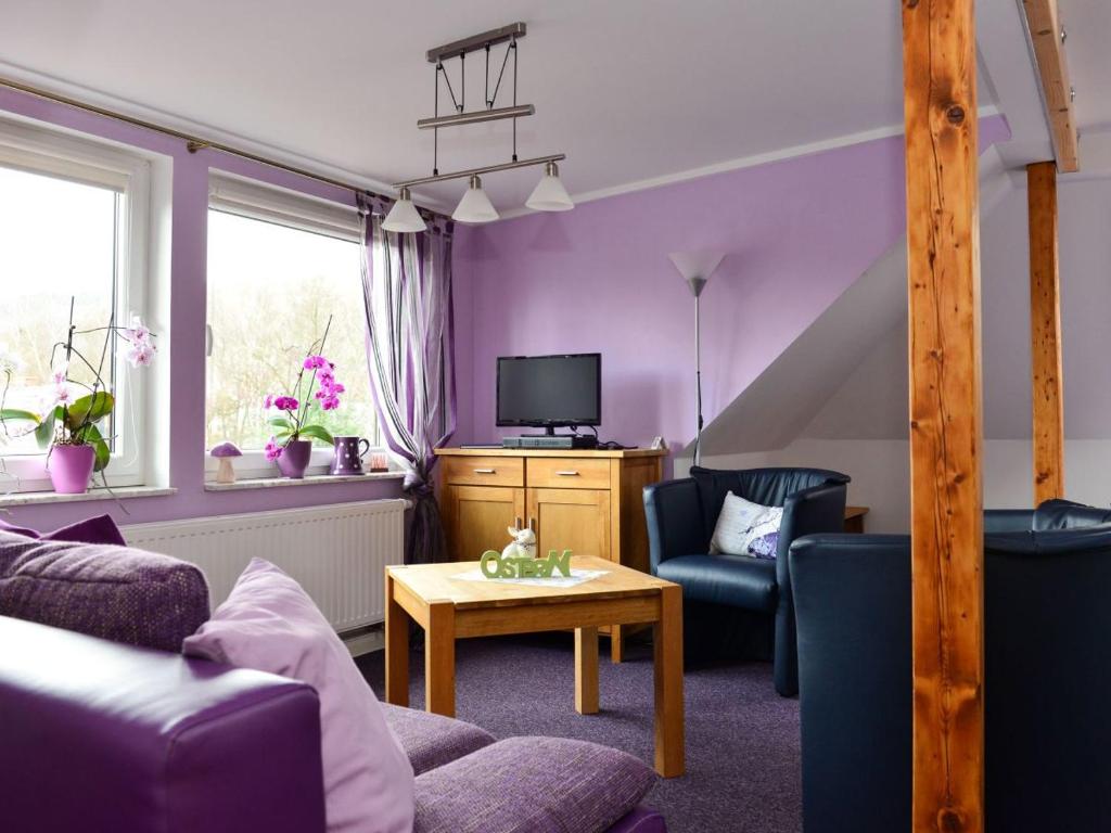 苏尔Apartment Schneestern的客厅设有紫色墙壁和紫色家具