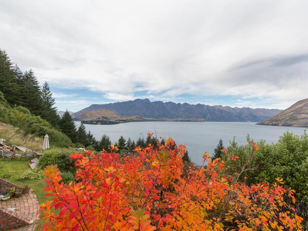 皇后镇Crows Nest - Queenstown Holiday Home的花丛中的湖泊景色