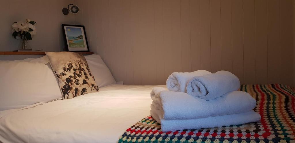 巴茅思The Farm Hut的一间房间,床上配有折叠毛巾