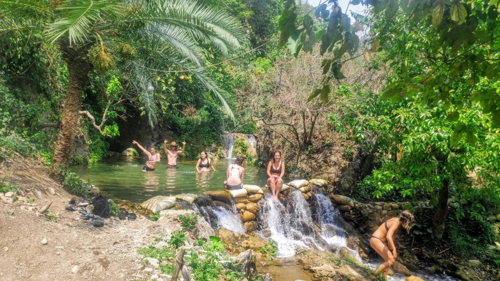 瑞诗凯诗TRIBE AQUA a nature retreat above Neer waterfall的瀑布水中的一群人