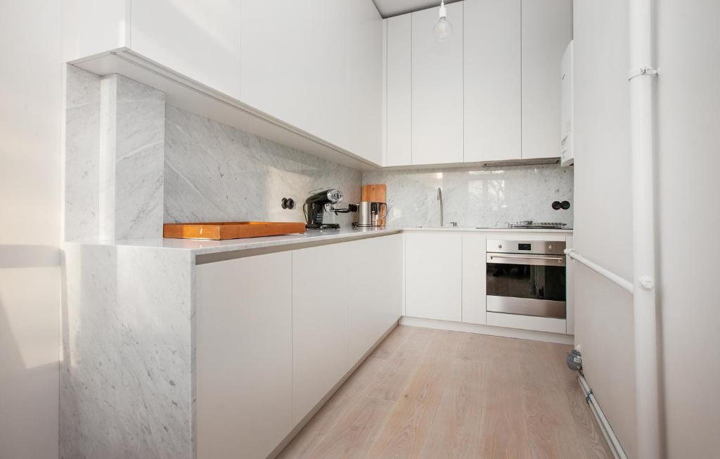 里加Ascetic Skolas Street Apartment的白色的厨房配有白色橱柜和木地板