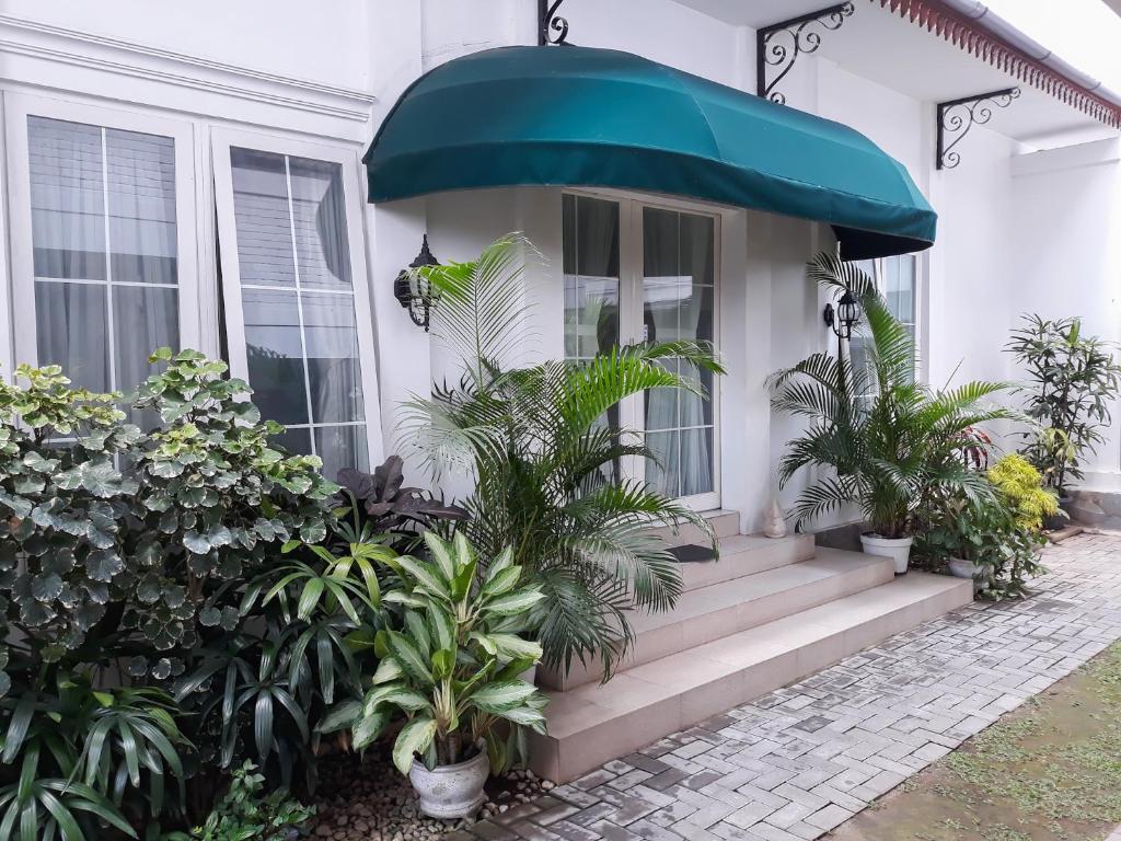 日惹Surokarsan 9 House Yogyakarta的种植着植物的门廊上蓝色遮阳篷的房子