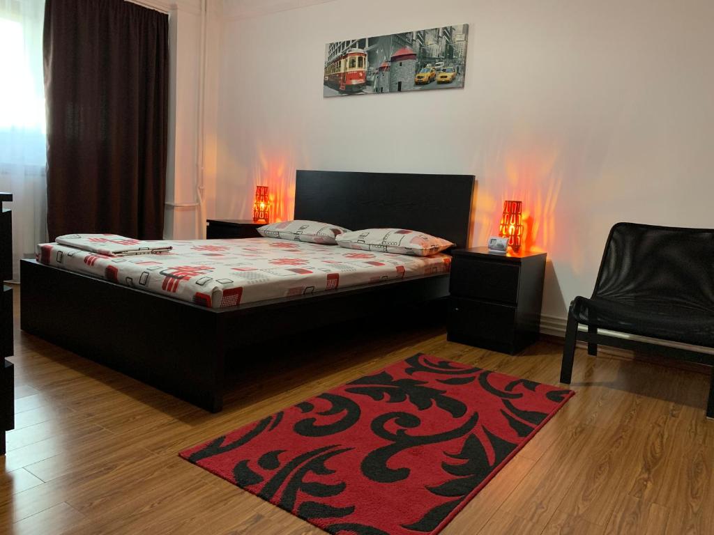 加拉茨Center Apartment的一间卧室配有一张床和红色地毯