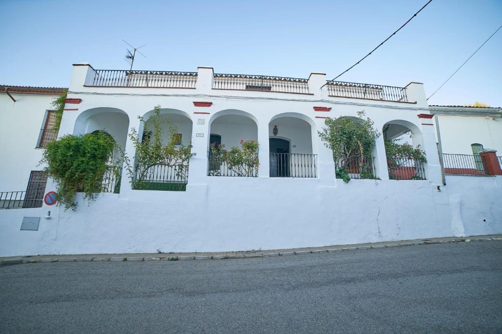 丰特埃里多斯VILLA IRENE的白色的建筑,旁边是盆栽植物