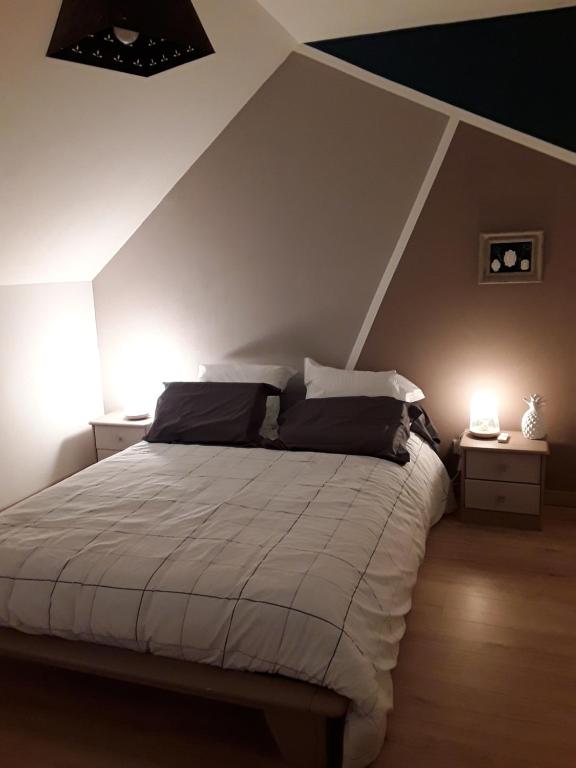 Germigny-des-PrésMaison bois的一间卧室配有一张带2个床头柜和2盏灯的床。
