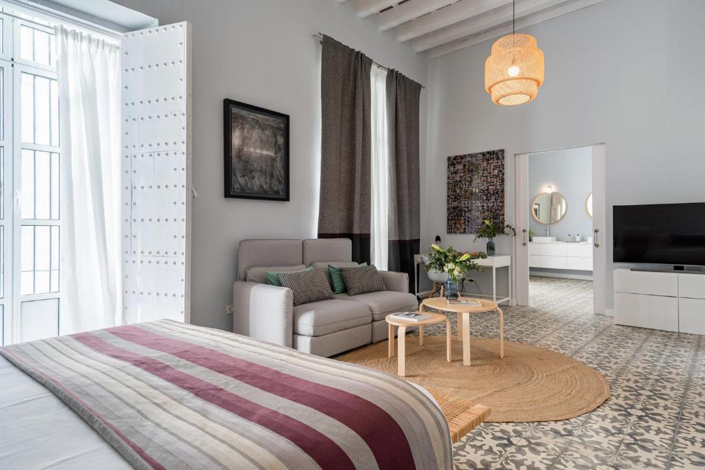 圣玛丽亚港Art Suites by Casa de Indias的一间卧室设有一张床和一间客厅。