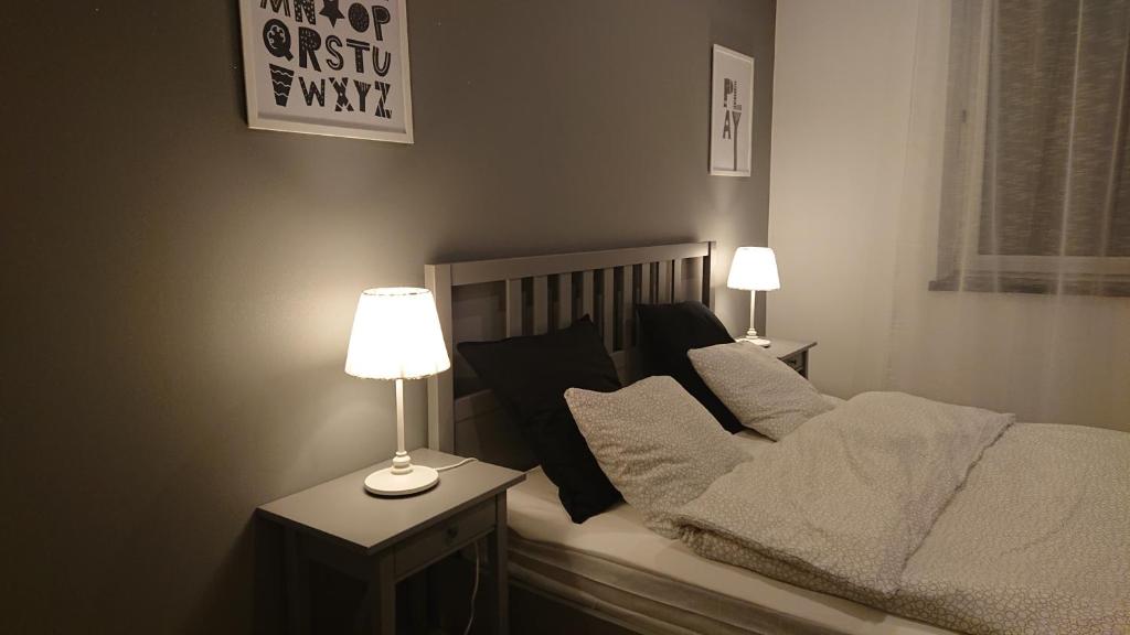 达布罗瓦古尔尼恰Apartamenty nad Stonehenge的一间卧室配有一张带两张台灯的床铺。