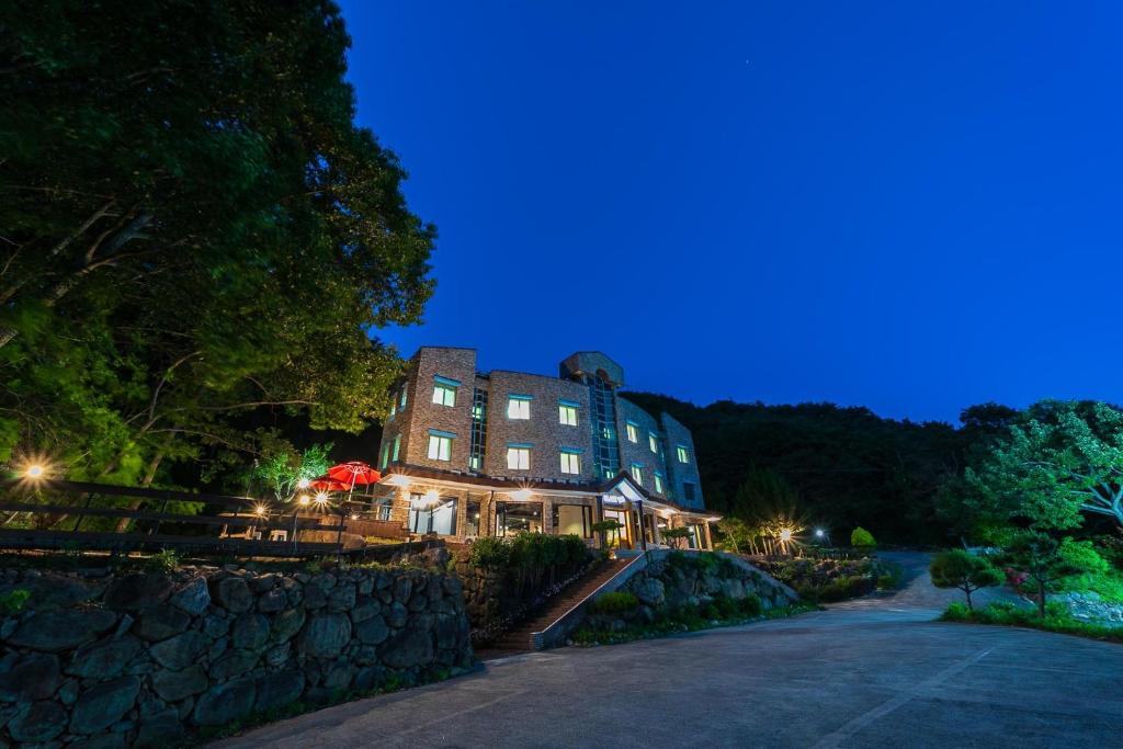 求礼郡Hooni Guest House & Motel的蓝天的夜空建筑