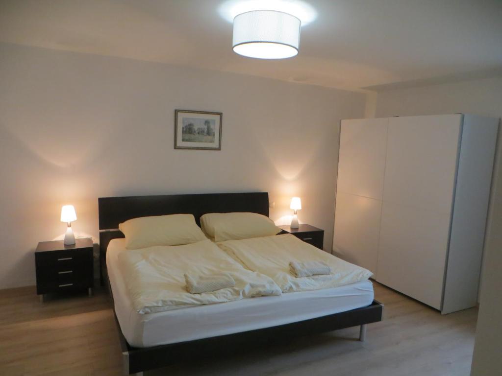 萨尔茨堡Premium City Apartment Amadeus的一间卧室配有一张带2个床头柜和2盏灯的床。
