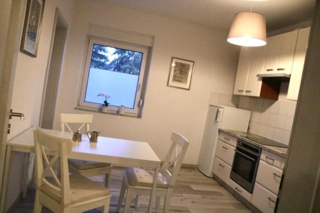 NeußenFerienwohnung Lipizzaner的厨房配有桌椅和窗户。