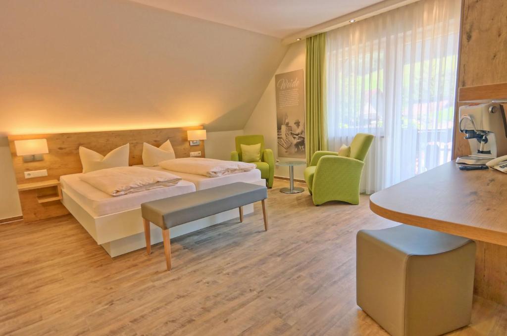 比伯拉赫Hotel Garni Bergblick的配有一张床和一张书桌的酒店客房