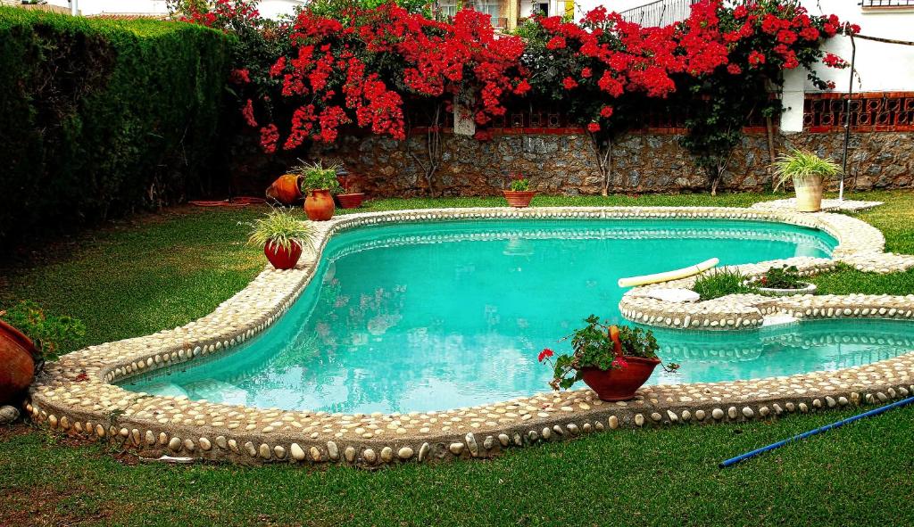 贝纳尔马德纳Holiday Home Villa Maria Luz的院子里的游泳池,有红色的鲜花