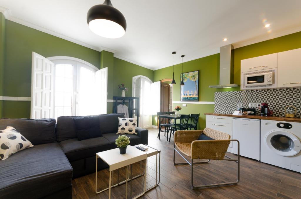 梅里达Apartamentos Suites Roma的带沙发的客厅和厨房