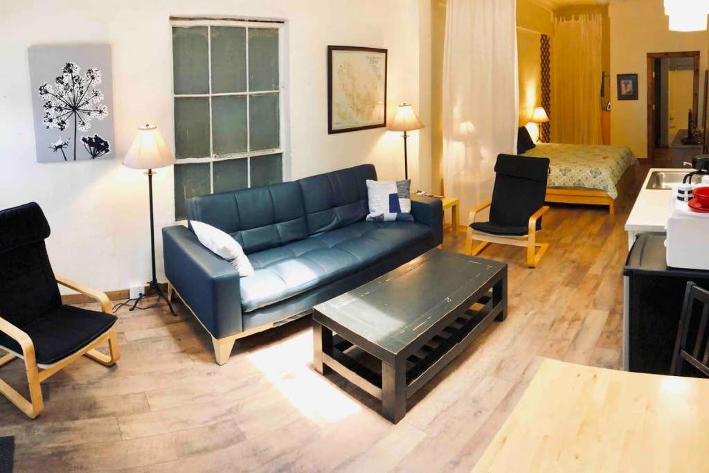 阿尔派恩Loft 4 - 1 of 5 downtown的客厅配有蓝色的沙发和两把椅子