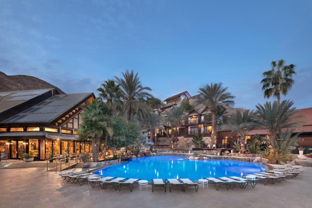 埃拉特Orchid Eilat Hotel的一个带躺椅的大型游泳池的度假酒店