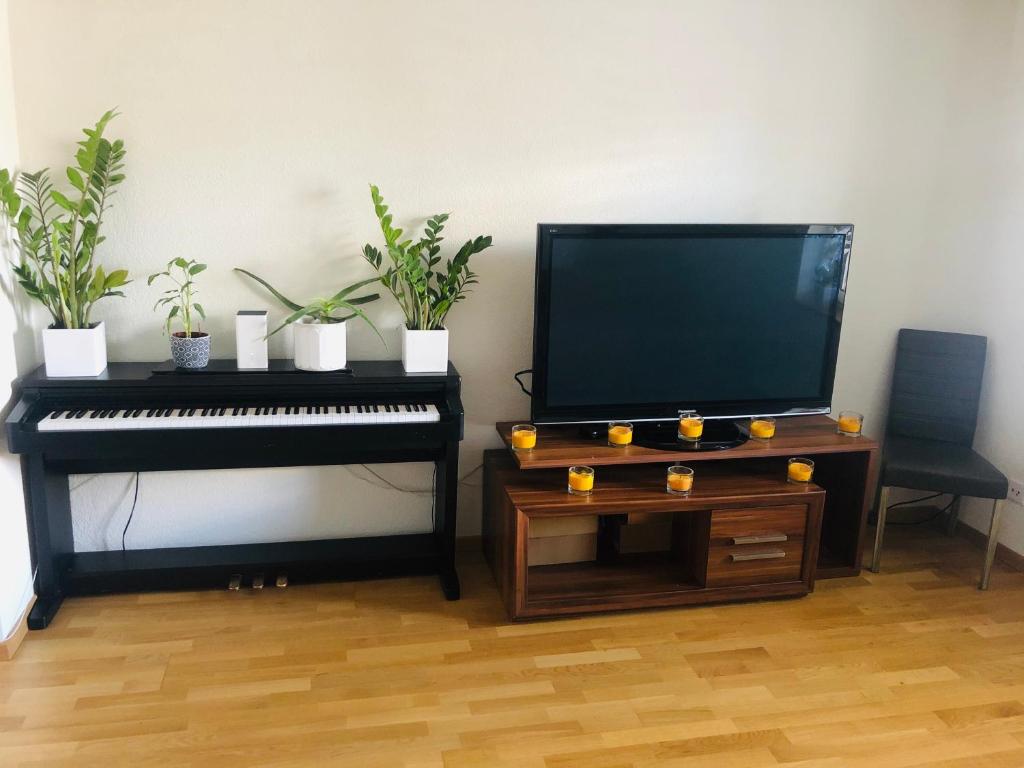 苏黎世Homestay Zürich HB Room的客厅配有钢琴和平面电视。