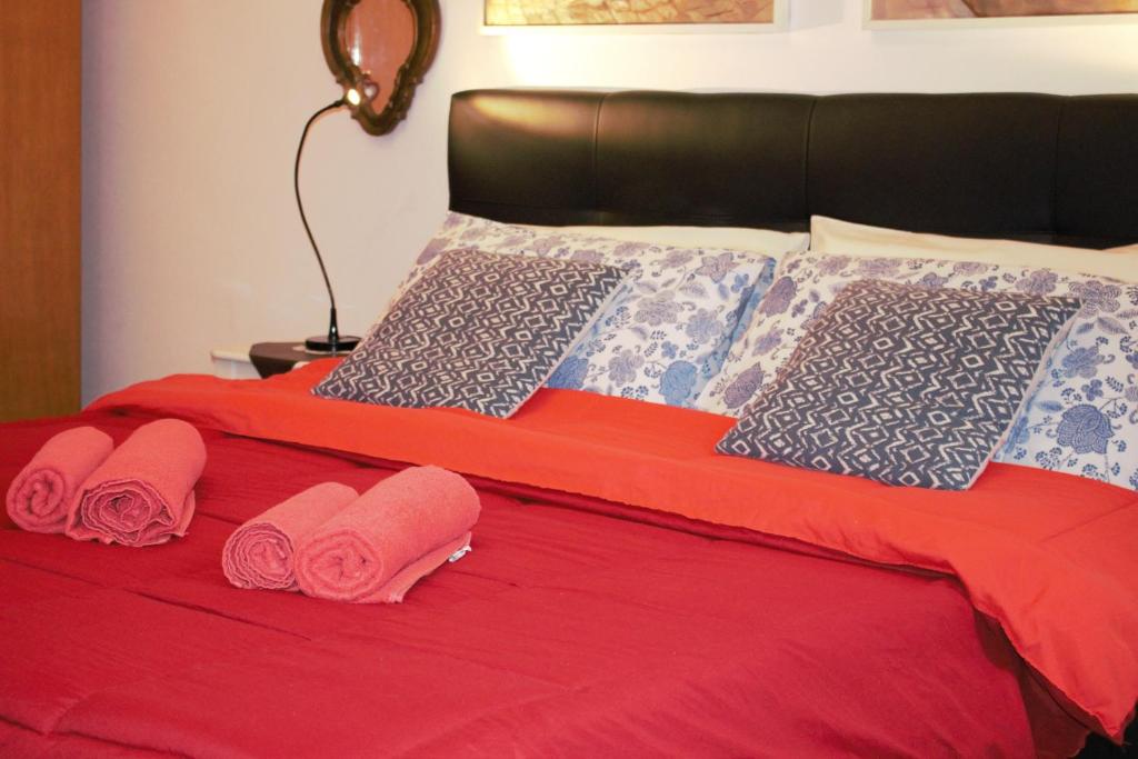 威尼斯Appartamento Alla Salute的一张带粉红色毛巾和枕头的床