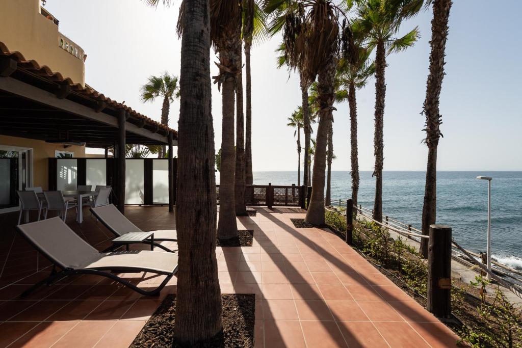 阿吉拉海滩Luxury Terrace Ocean view-P67B By CanariasGetaway的种有棕榈树和海洋的庭院