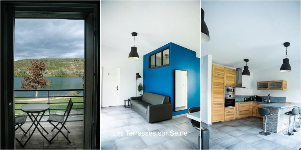 弗农Balcons sur Seine - Vernon Giverny的享有2个景致,设有厨房和享有水景的客厅