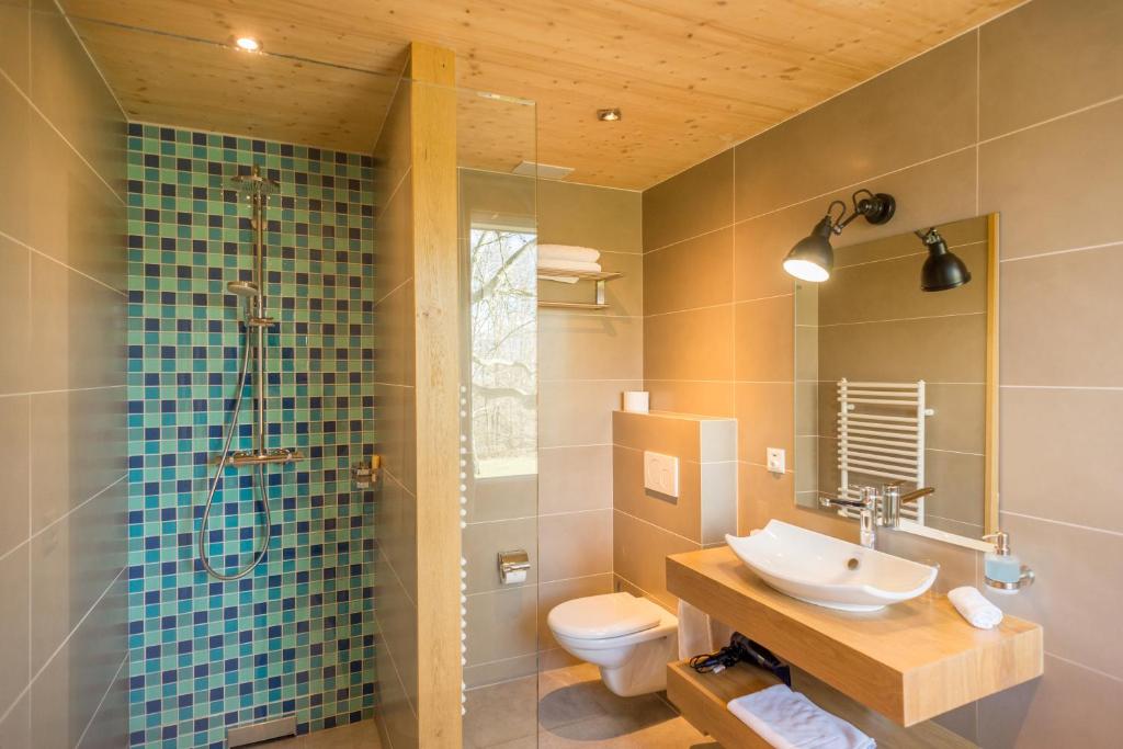 日内瓦La Ferme du Lignon的一间带水槽、卫生间和淋浴的浴室
