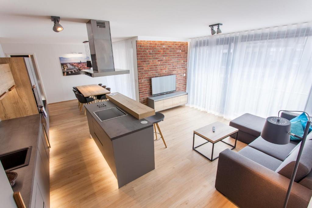 雷根斯堡Marina Apartments Regensburg的厨房以及带沙发和桌子的客厅。