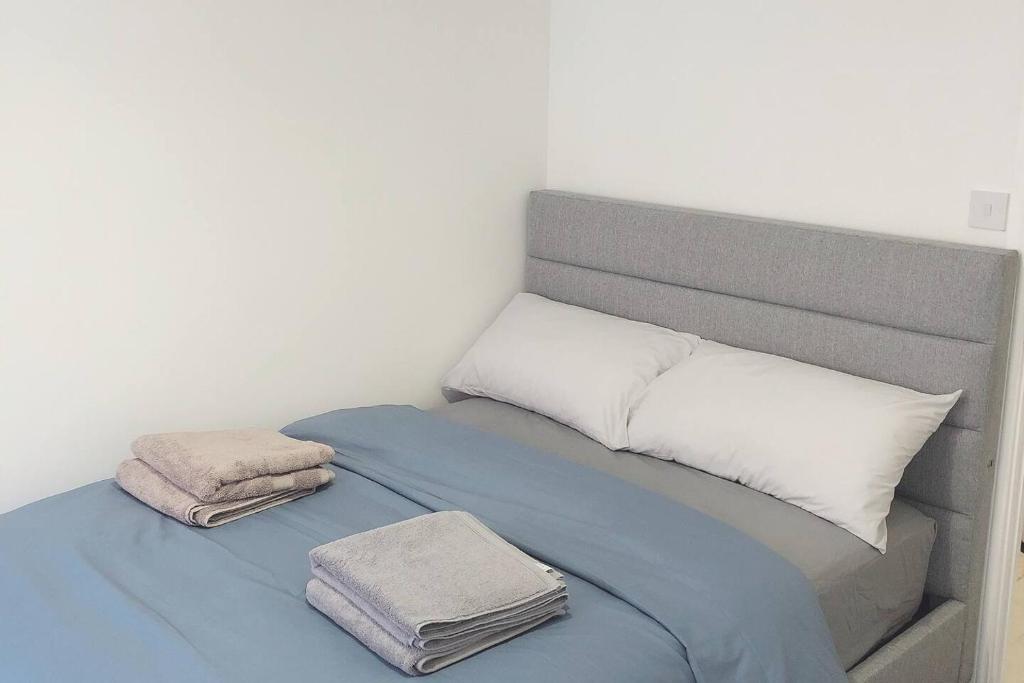 诺丁汉Flat 2 - Entire Modern Two Bedrooms home with en-suite & free parking close to QMC, City centre and Notts uni - Self check in的床上有2个枕头