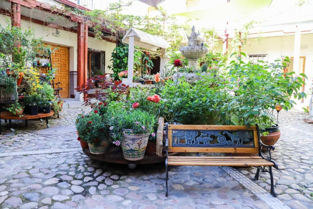 阿兰约兹卡斯蒂利亚旅馆的花园中心,种植了盆栽植物和鲜花