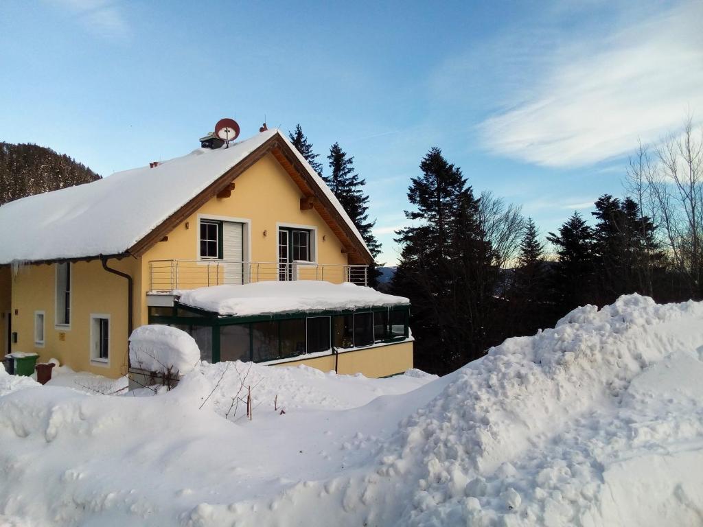 塞默灵Ferienhaus Anna Semmering的一堆积雪覆盖着的房子