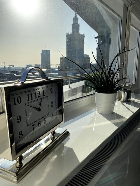 华沙Leo Apartment的坐在植物旁边的窗台上的钟