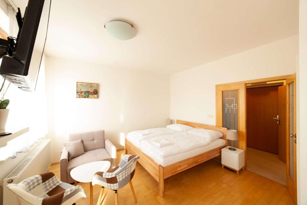 布拉格Vitkov Park Apartment的卧室配有一张床和一张桌子及椅子