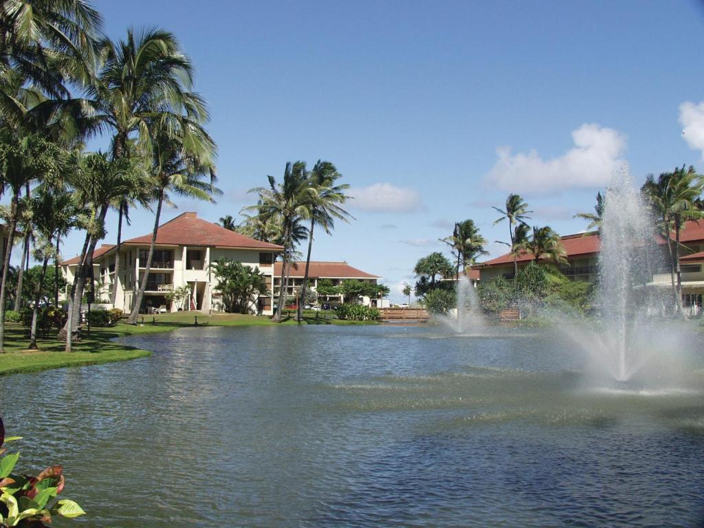 利胡埃Kauai Beach Villas的池塘中央的喷泉