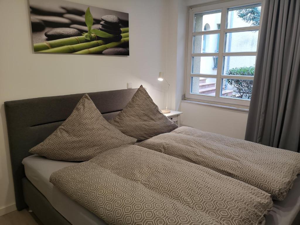 波茨坦Apartment Potsdam的一张带枕头的床和一个窗户