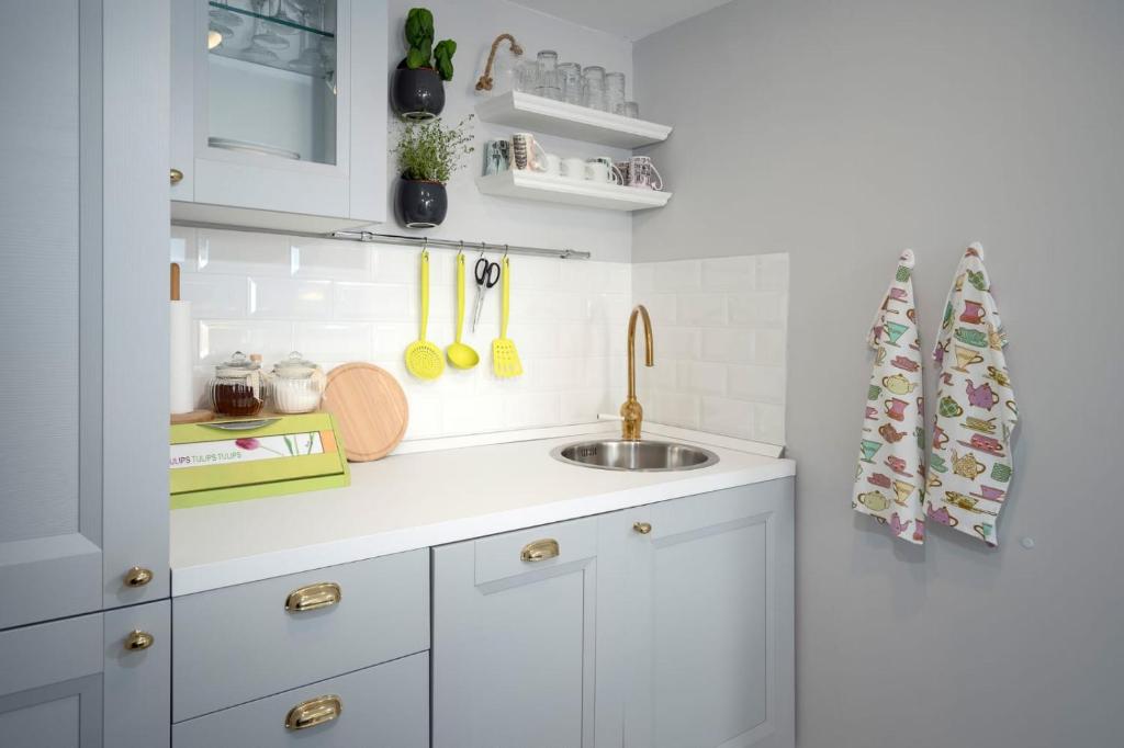 斯塔里格勒Holiday Home Belina的厨房配有白色橱柜和水槽