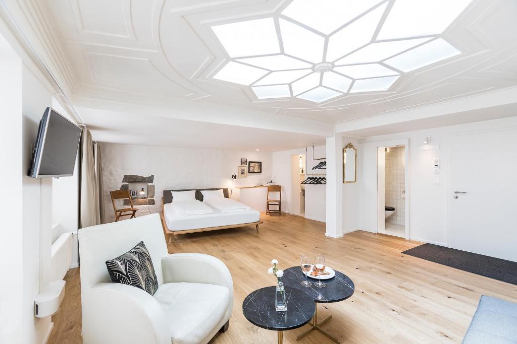 苏黎世Montmartre的客厅设有白色沙发和天花板